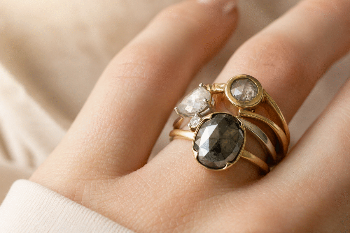 stacked salt and pepper diamond rings